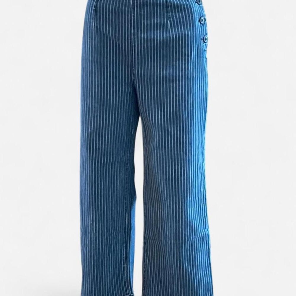 J Crew Vintage Denim Pinstripe slim wide leg trousers button closure size 24 - Picture 2 of 12